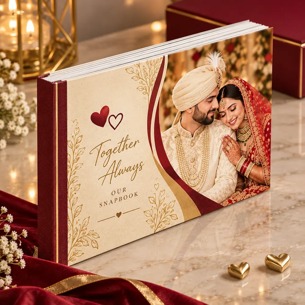 Snapbook photo album standing on a marble surface, cream and maroon wedding cover with gold foil and the couple’s portrait — Siri Print World, Palakollu