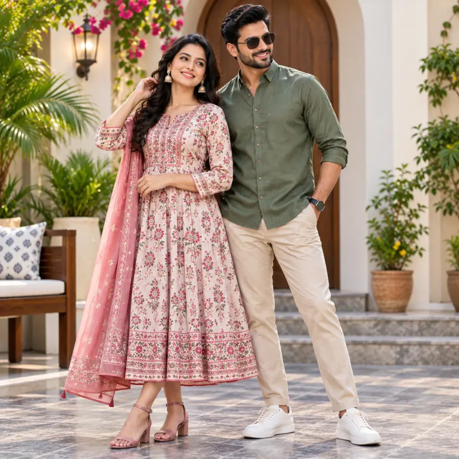 Couple outside a house, she in a pink floral printed kurta with dupatta, he in an olive shirt and beige trousers