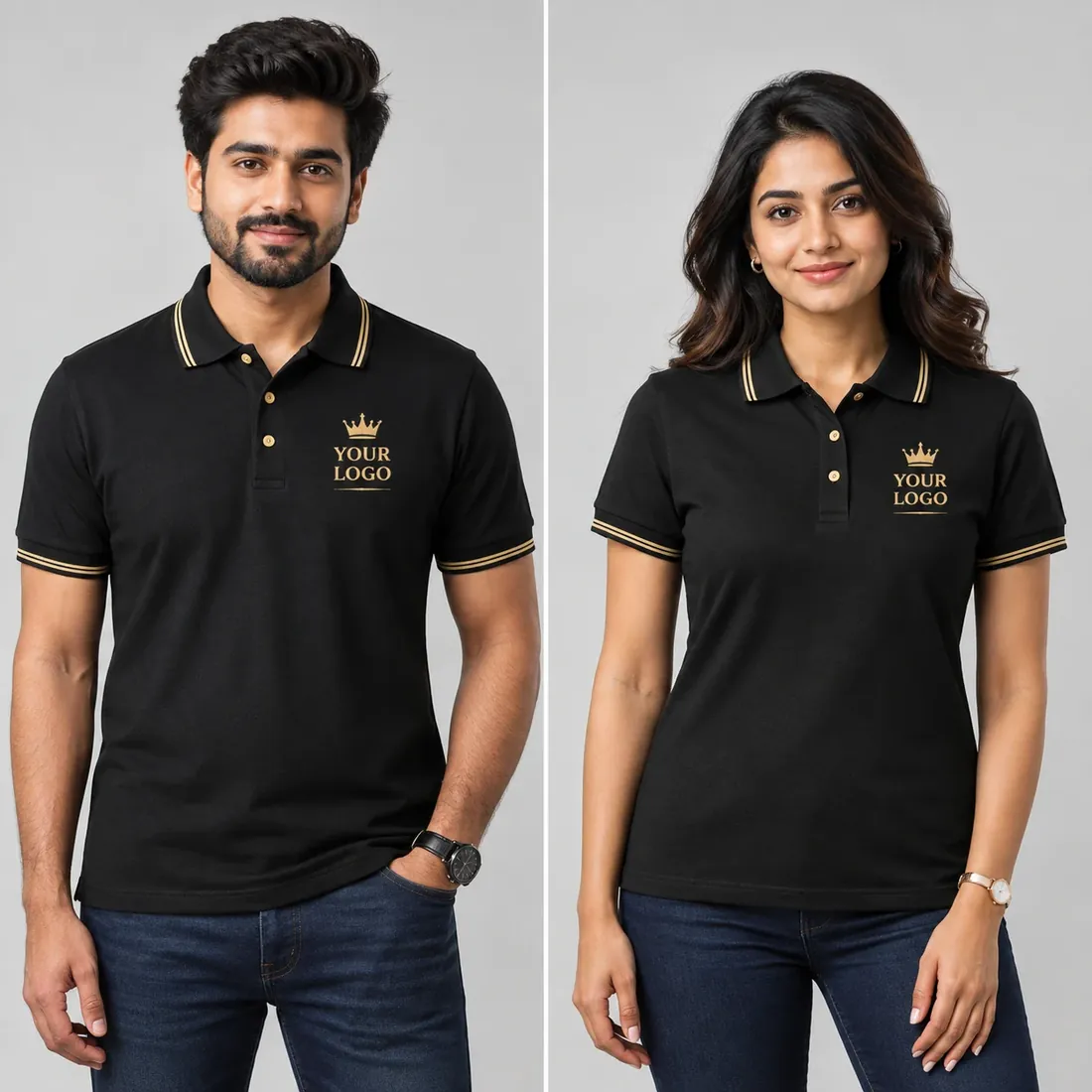 Black polo t-shirts with gold-tipped collar and cuffs, printed with a company logo on the chest, shown on a man and a woman — Siri Print World, Palakollu