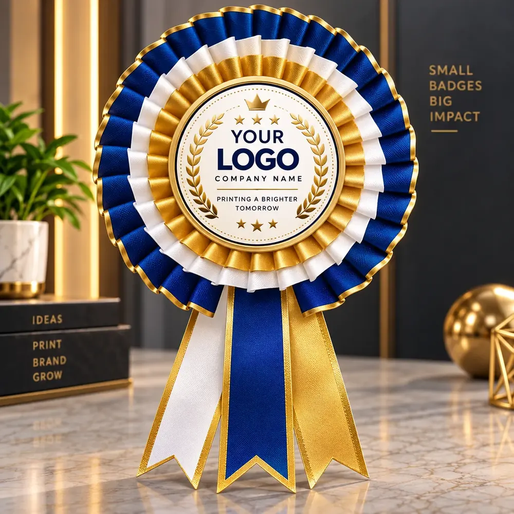 Logo badge from Siri Print World, Palakollu — blue, white and gold pleated rosette with a printed centre carrying your logo and company name