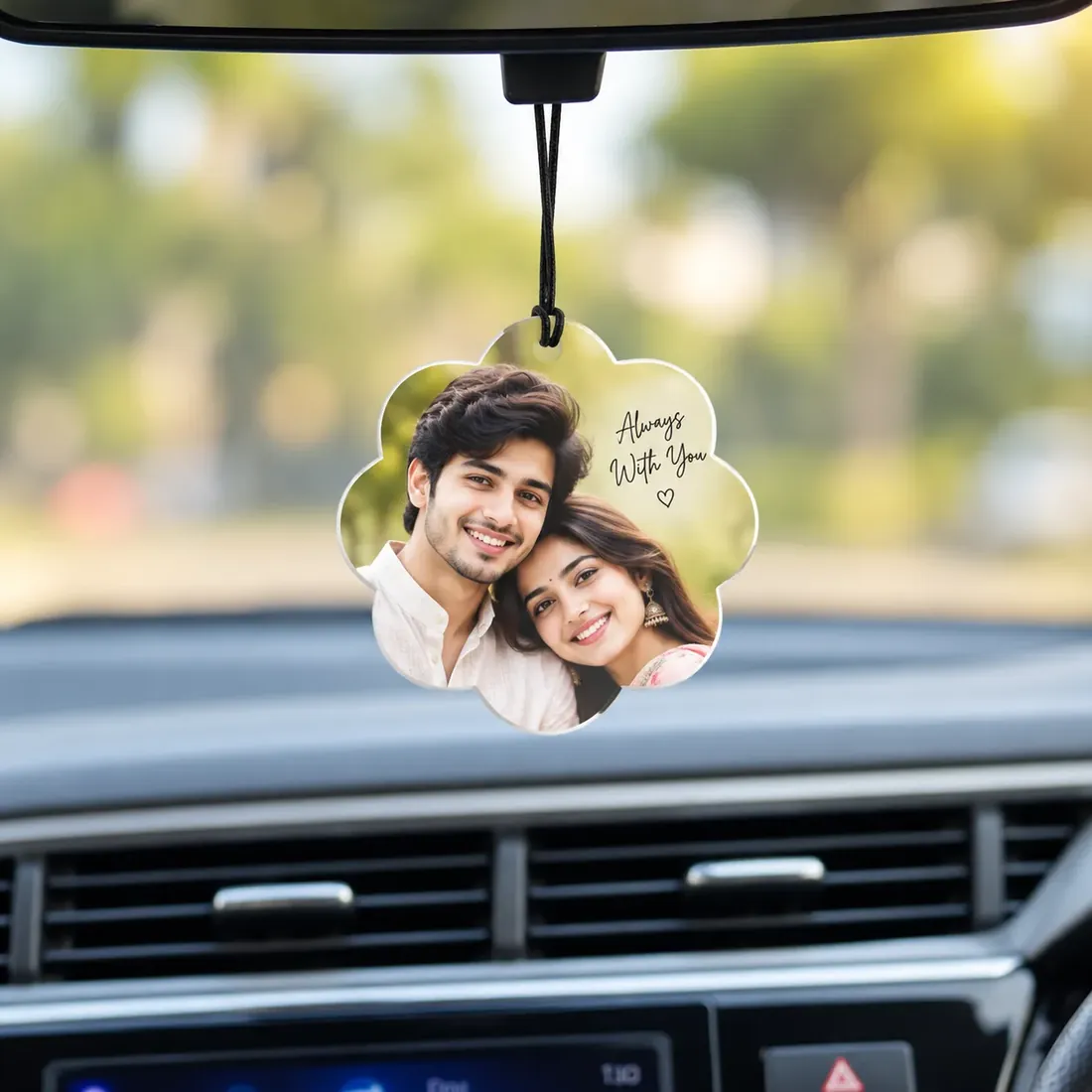 Flower-shaped acrylic photo hanging on a car rear-view mirror, printed with a couple’s photograph and “Always With You” — Siri Print World, Palakollu