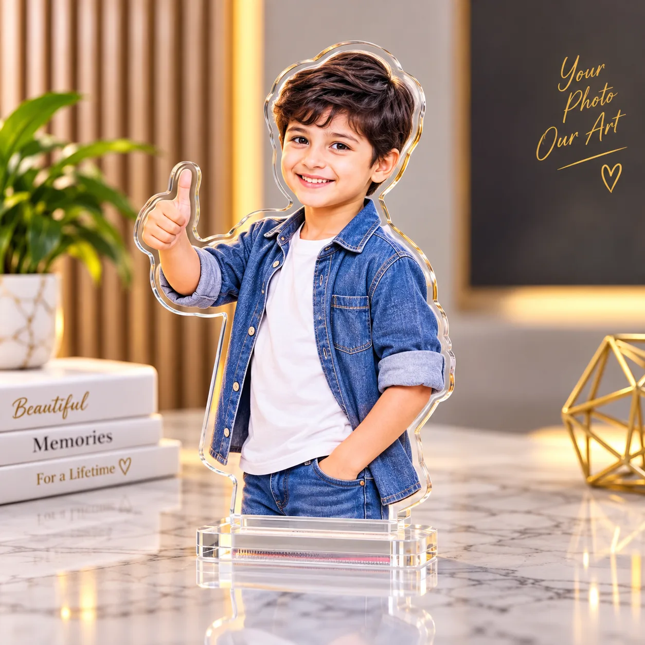 Acrylic photo cutout of a boy giving a thumbs up, cut to his outline on a clear acrylic stand, Siri Print World