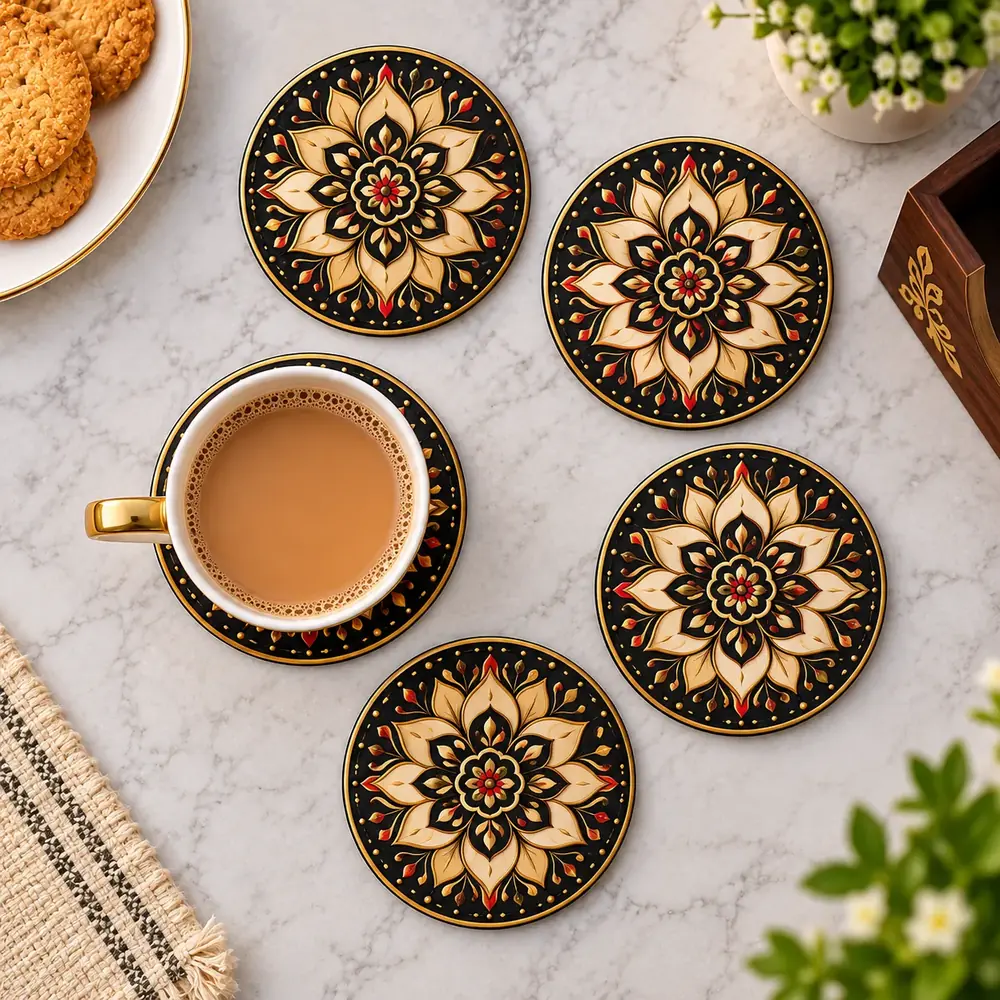 Set of round coasters printed with a red and gold mandala design on black, a cup of tea resting on one — Siri Print World, Palakollu