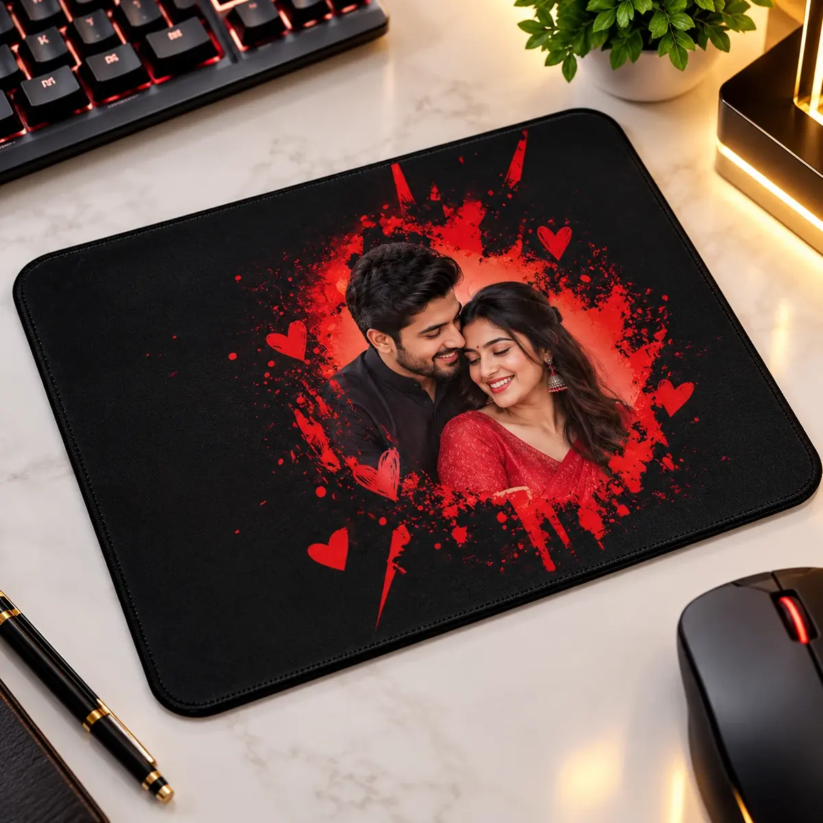 Personalised mousepad on a desk, a couple’s photograph printed on black with a red paint-splash design — Siri Print World, Palakollu