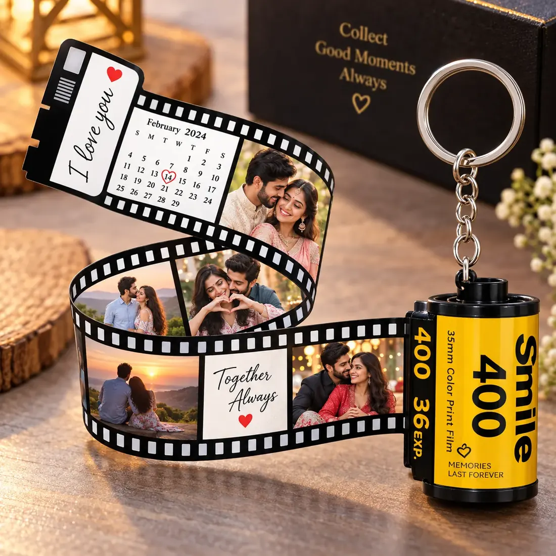 Camera film roll keychain with the strip pulled out, showing six of your photographs printed along it — Siri Print World, Palakollu