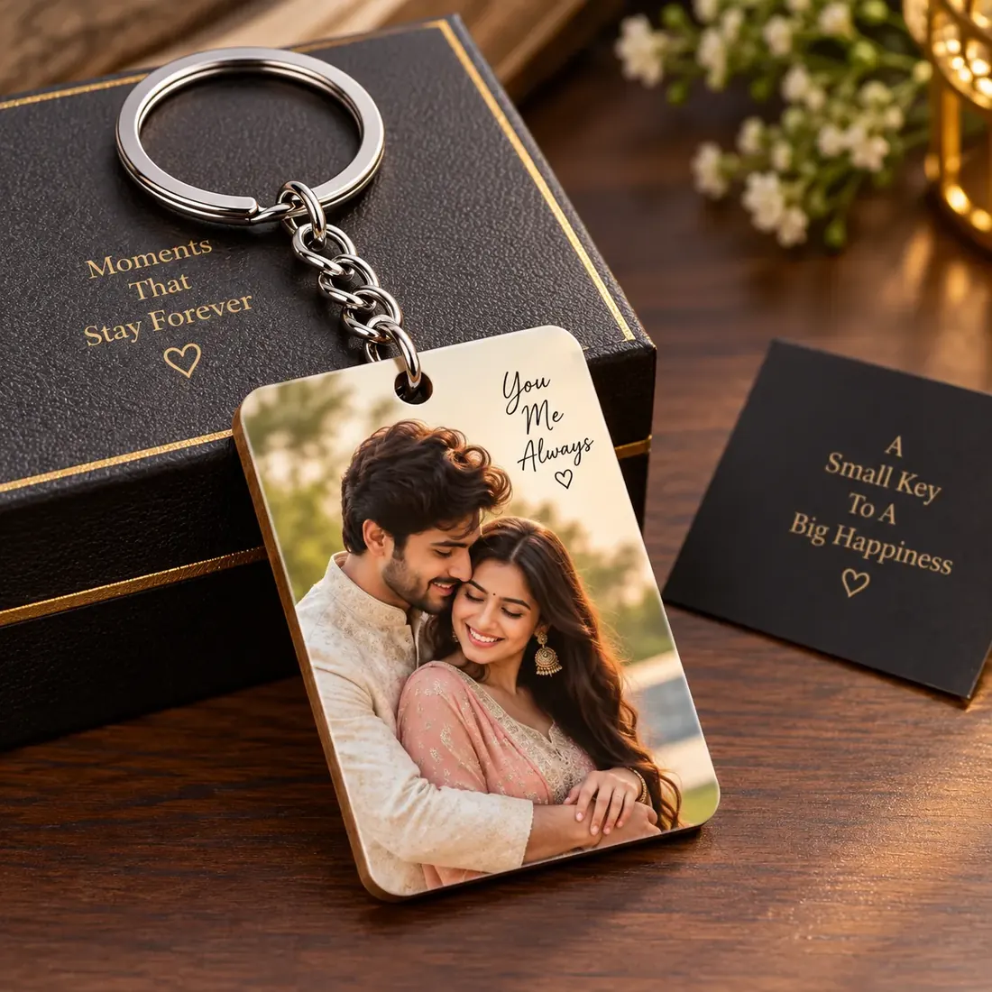 Rectangular photo keychain on a steel split ring, printed with a couple’s portrait and “You Me Always”, beside a gift box — Siri Print World, Palakollu