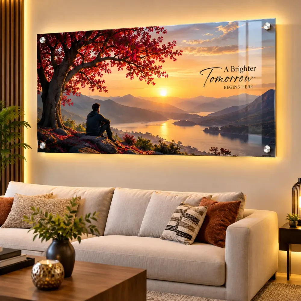 Backlit acrylic wall art of a sunset over a mountain lake with a red-leaf tree, mounted with steel standoffs above a sofa