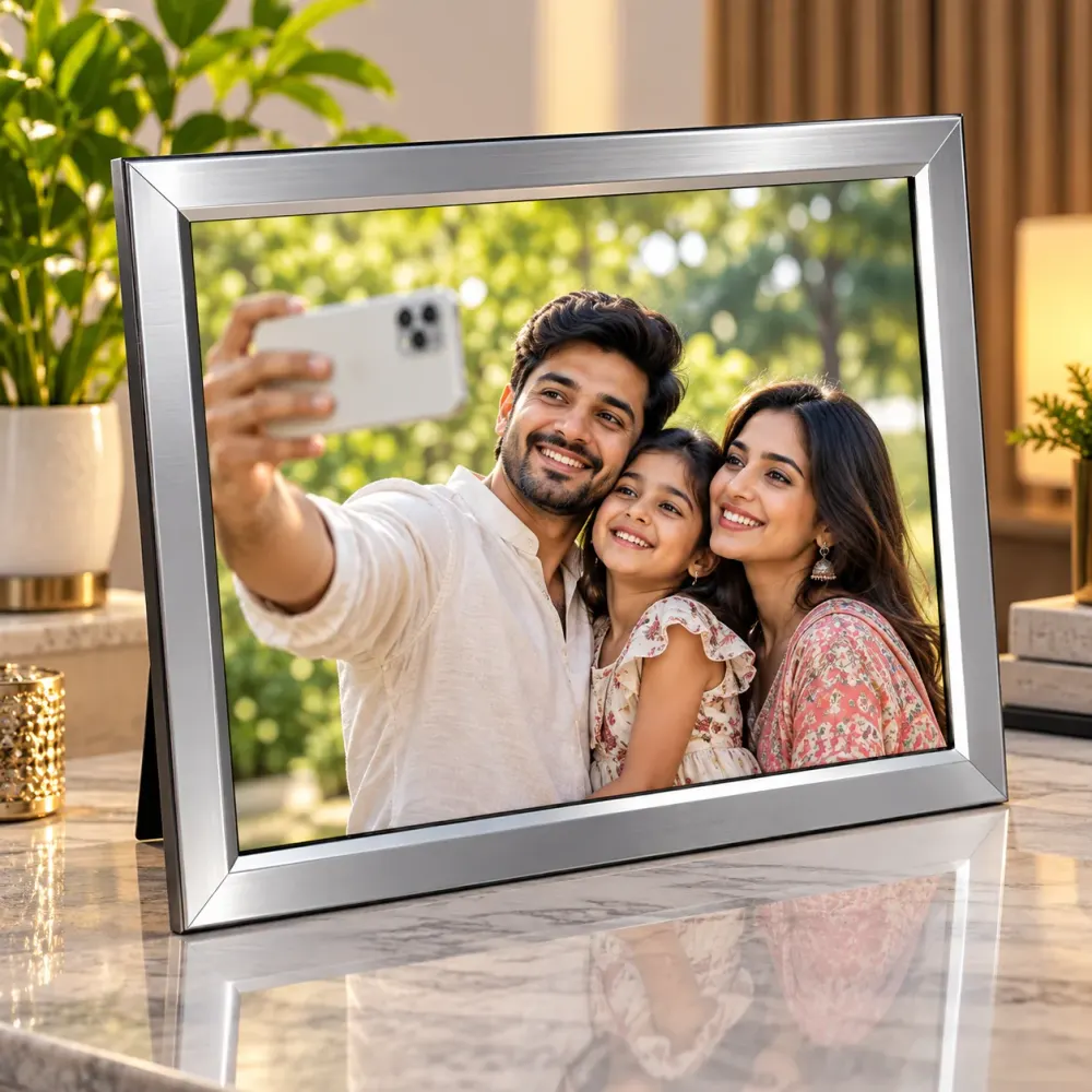 Brushed silver aluminium photo frame holding a family selfie print, standing on a marble table
