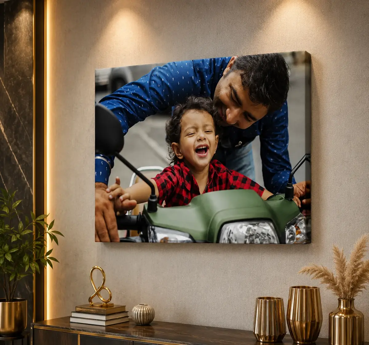 Gallery-wrapped canvas frame on a wall, a father and child printed edge to edge with no border — Siri Print World, Palakollu