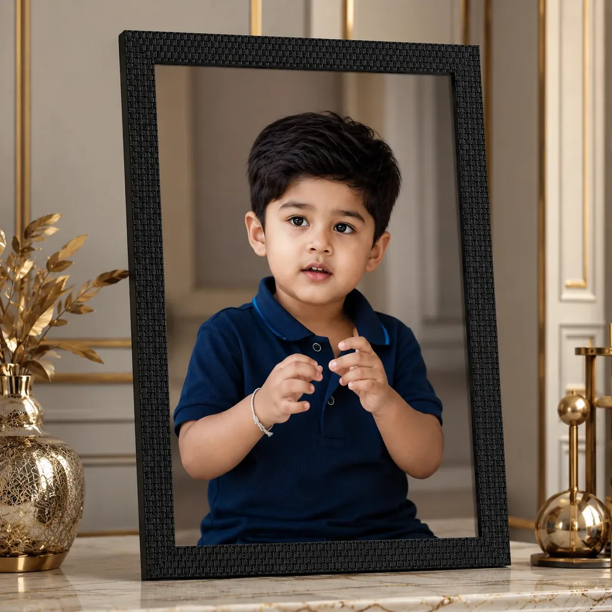 Classic Photo Frame in textured black, holding a child’s portrait on a marble console — Siri Print World, Palakollu