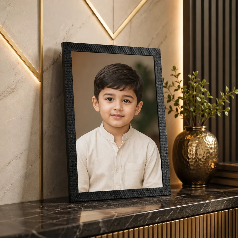 Glitter Photo Frame in textured black, holding a child’s portrait on a marble console — Siri Print World, Palakollu