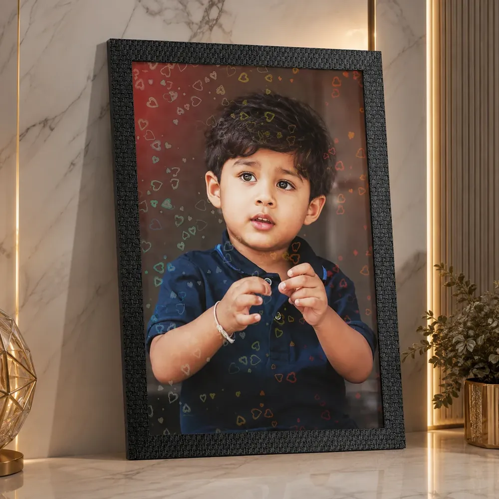 Hearts Effect Photo Frame in textured black, a child’s portrait printed with a scattered hearts overlay — Siri Print World, Palakollu
