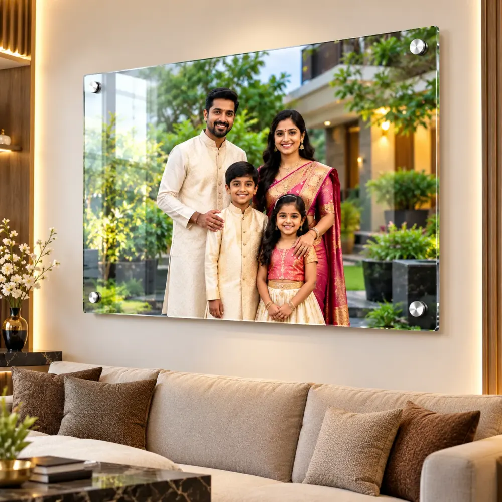 Large clear acrylic wall photo of a family in festive wear, mounted with steel standoffs above a sofa