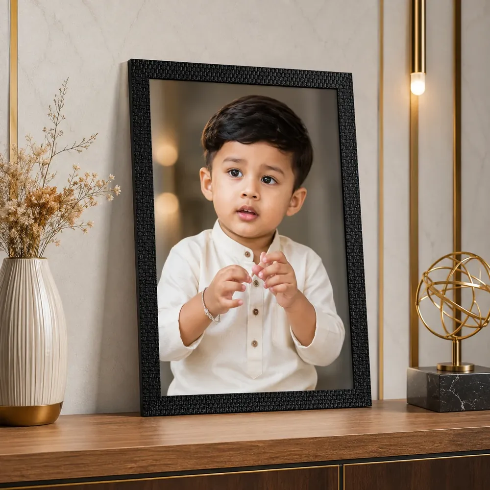 Matte Photo Frame in textured black, holding a child’s portrait on a console table — Siri Print World, Palakollu