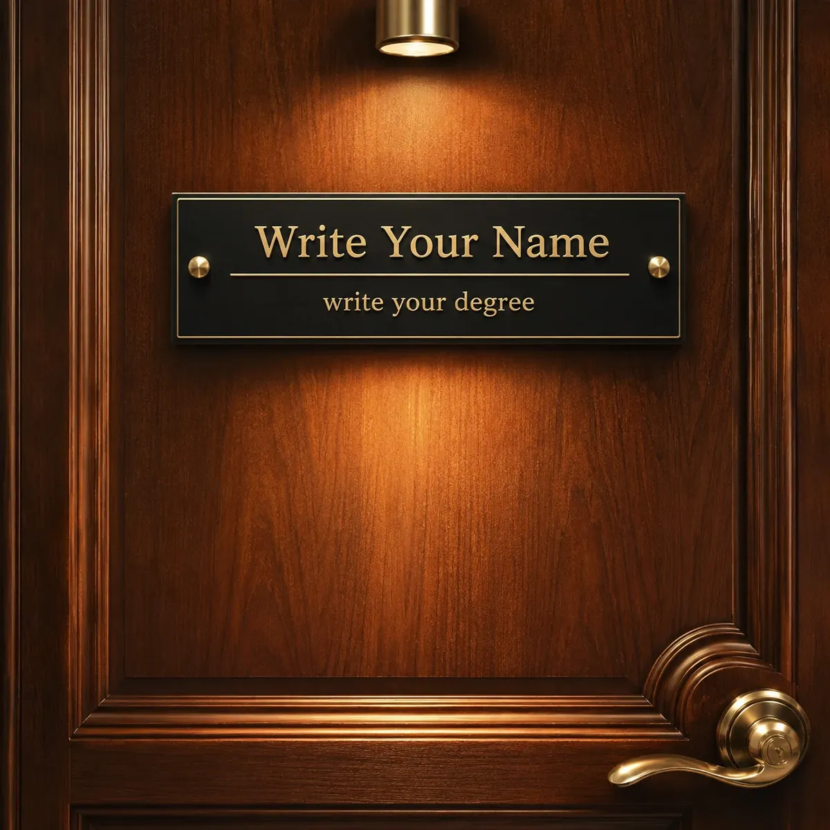 Engraved door nameplate, black with gold lettering, mounted on a polished wooden door — Siri Print World, Palakollu