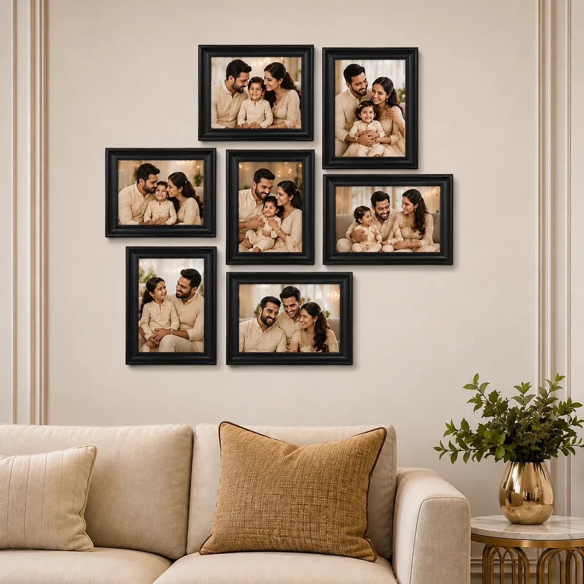 Photo Gallery Set — a cluster of black photo frames arranged on a living room wall above a sofa — Siri Print World, Palakollu