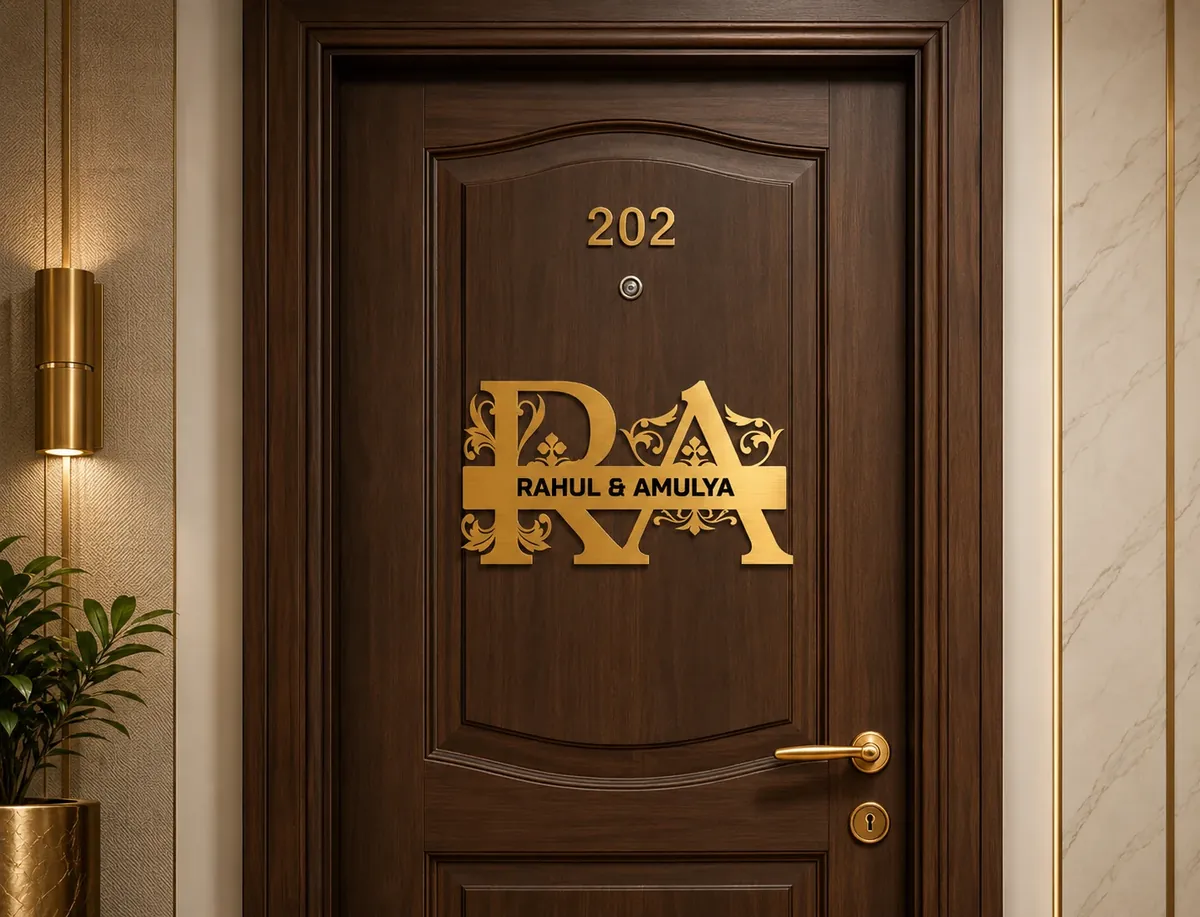 Royal Nameplate in brushed gold on a dark wooden door, monogram initials with the couple’s names — Siri Print World, Palakollu