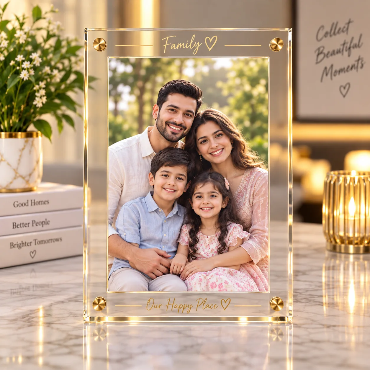 Transparent acrylic photo frame with a family portrait floating between two clear panels on gold standoff bolts, Siri Print World