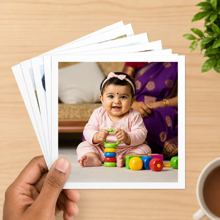 Fanned square baby portrait prints held in hand