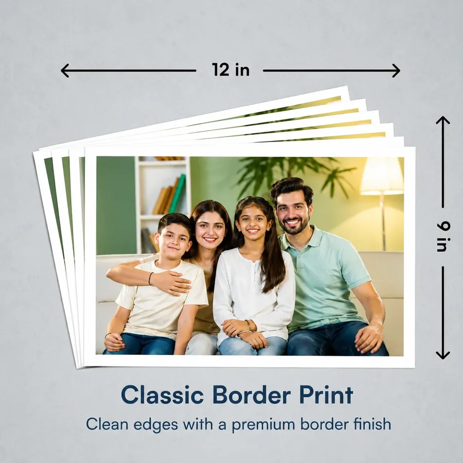 Classic border print, 12 in × 9 in with dimension arrows