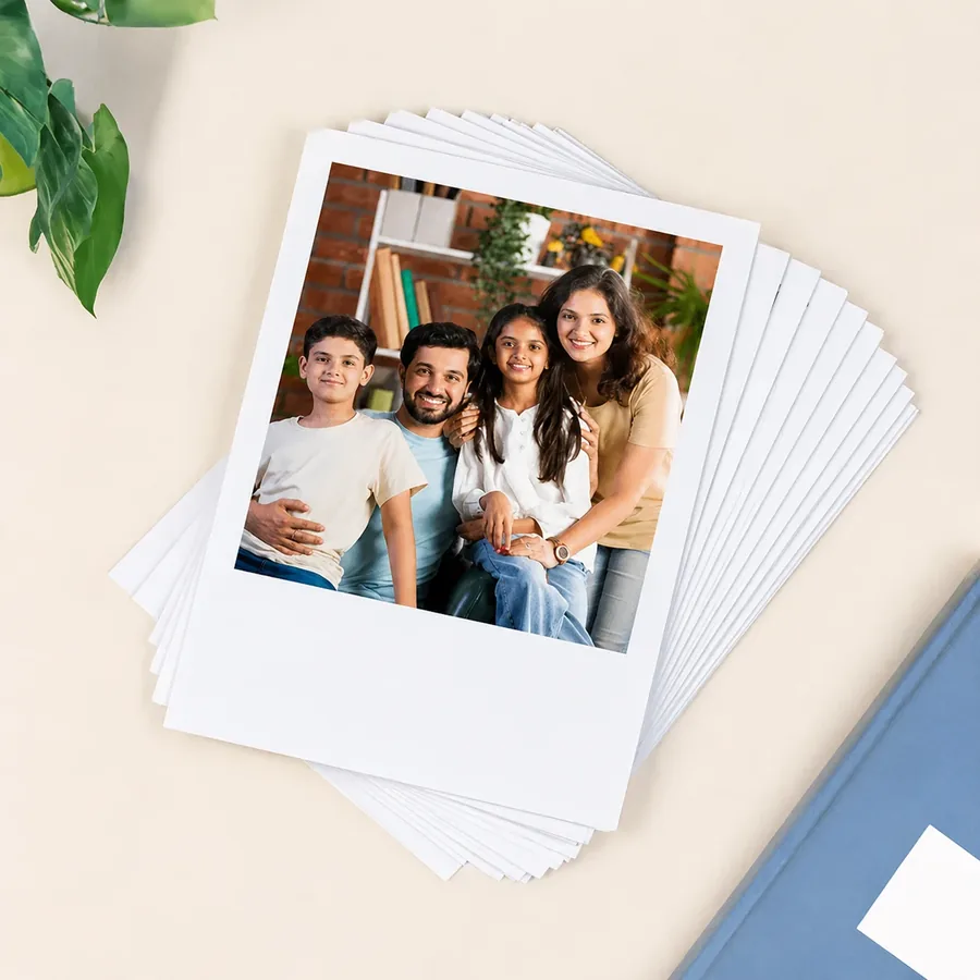 Stack of glossy polaroid prints on a desk