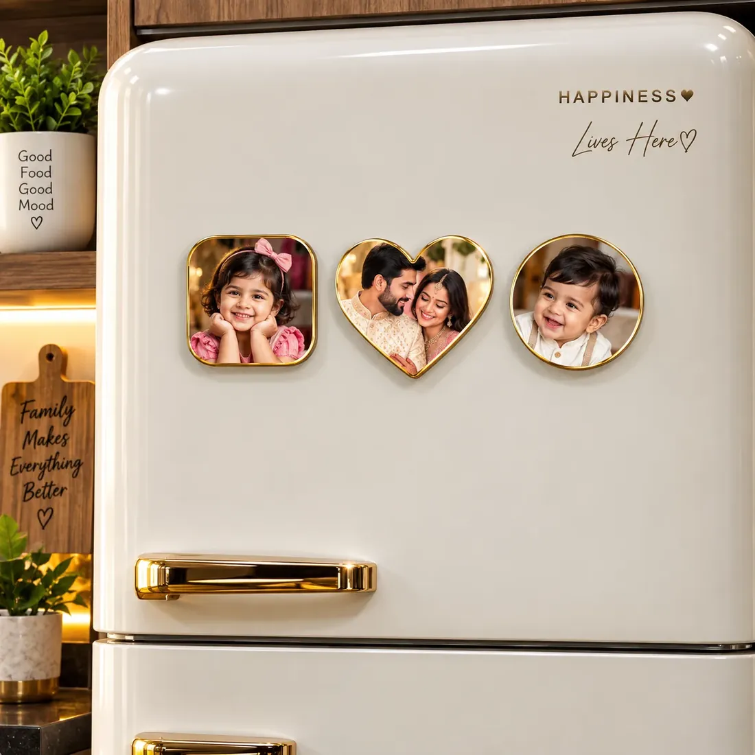 Three gold-edged photo fridge magnets — square, heart and round — holding family photographs on a cream fridge door — Siri Print World, Palakollu