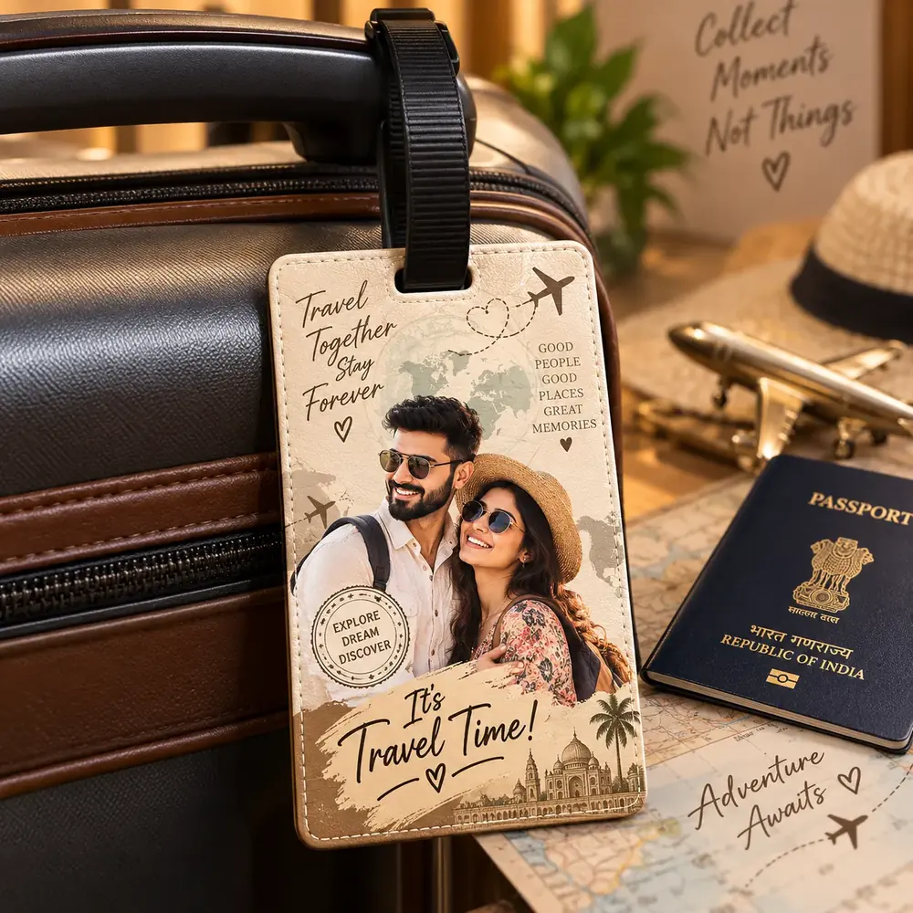 Personalised luggage tag strapped to a suitcase handle, printed with a couple’s travel photograph and a name and address panel on the reverse — Siri Print World, Palakollu