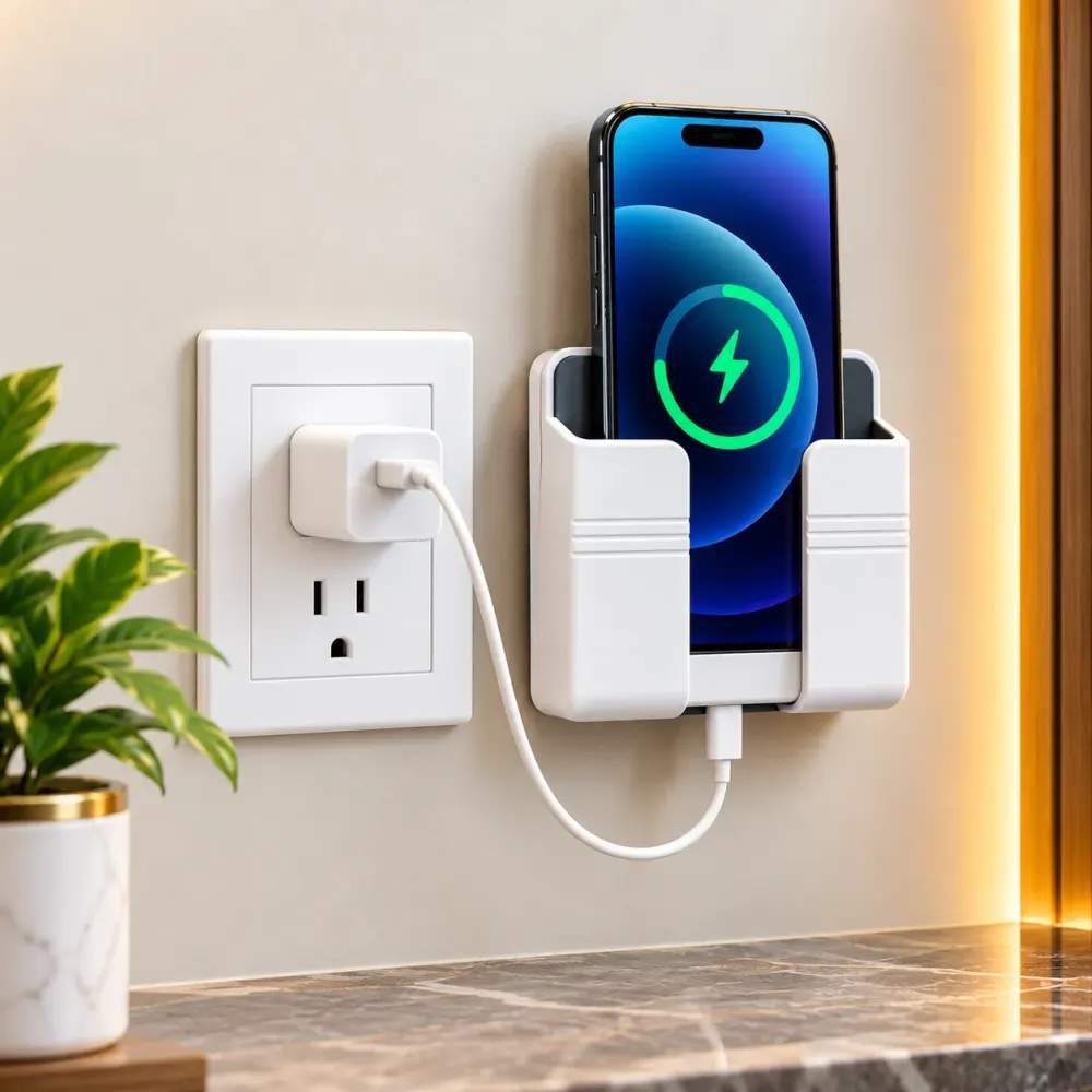 Wall-mounted phone charging holder beside a socket, holding a phone upright while it charges through the cable slot