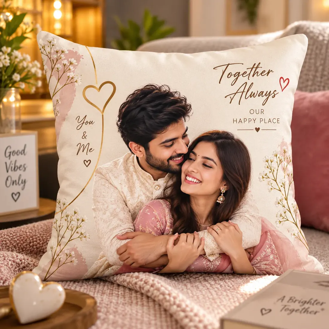 Square photo cushion printed with a couple’s portrait, gold heart line art and “Together Always” lettering — Siri Print World, Palakollu
