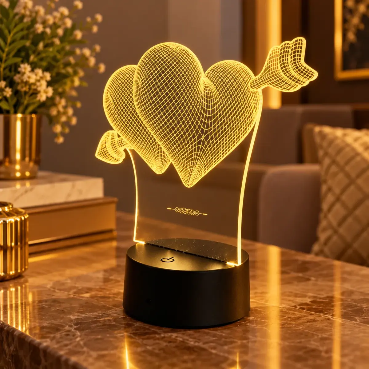 Acrylic 3D illusion lamp glowing warm amber on a marble table, engraved with two hearts pierced by an arrow — Siri Print World, Palakollu