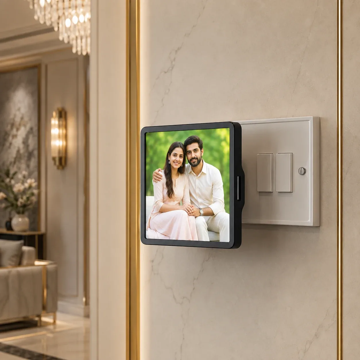 Photo Lamp mounted on a wall socket in a hallway, showing a couple’s photograph — Siri Print World, Palakollu