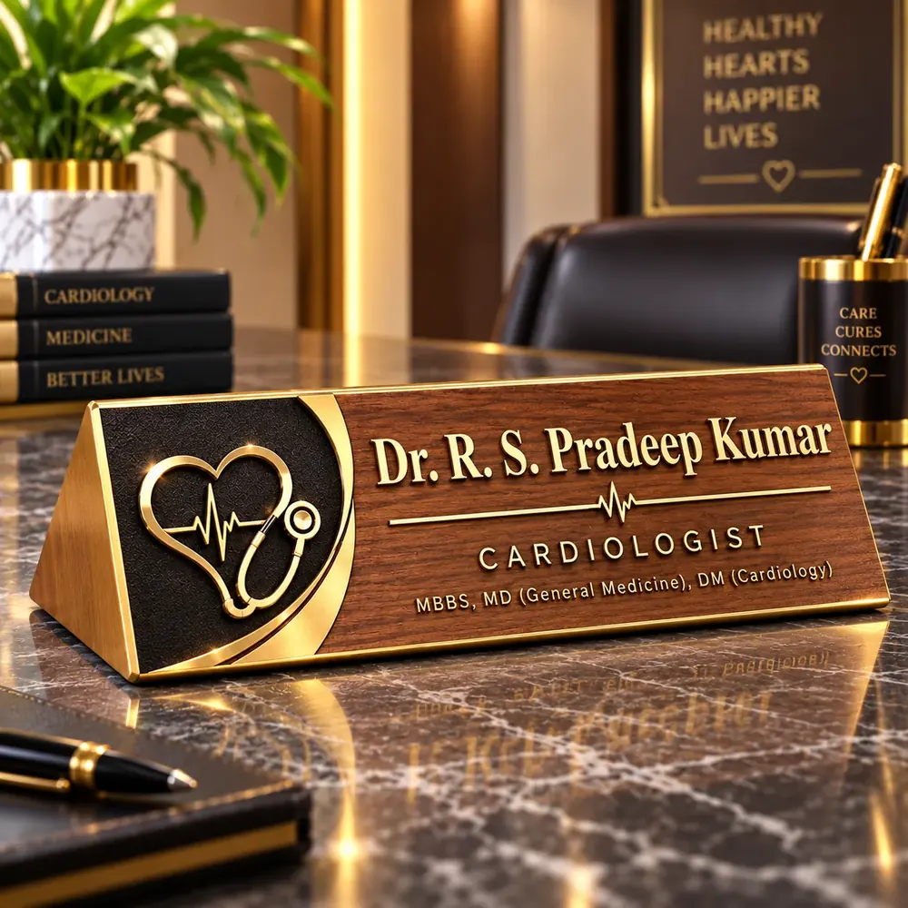 Themed profession nameplate from Siri Print World, Palakollu — wood-and-gold desk nameplate for a cardiologist with a heart-and-stethoscope emblem