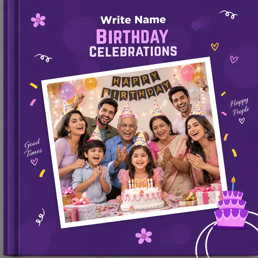 Purple birthday celebrations photobook cover with a family photo