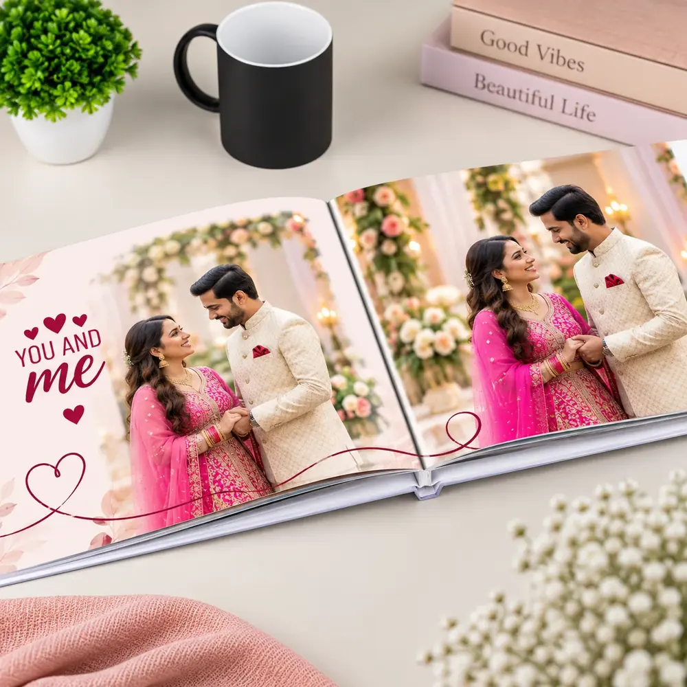 Heartfelt You And Me photobook open on a table with the YOU AND ME cover