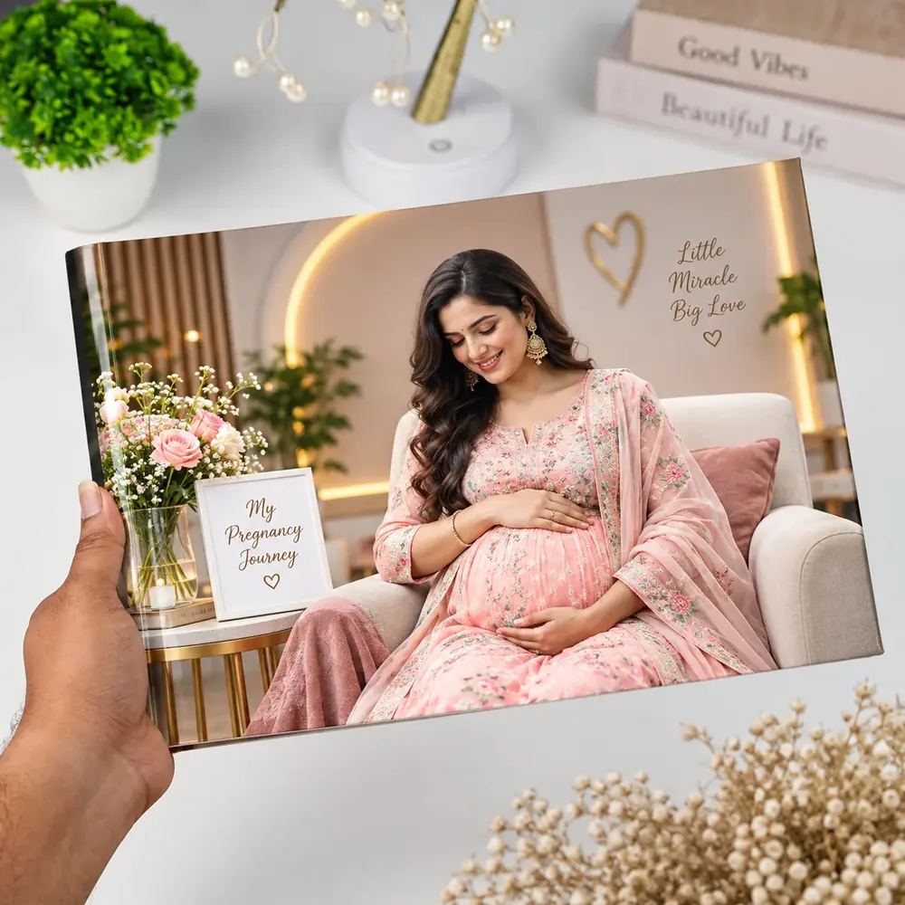 Pregnancy keepsake photobook on a table