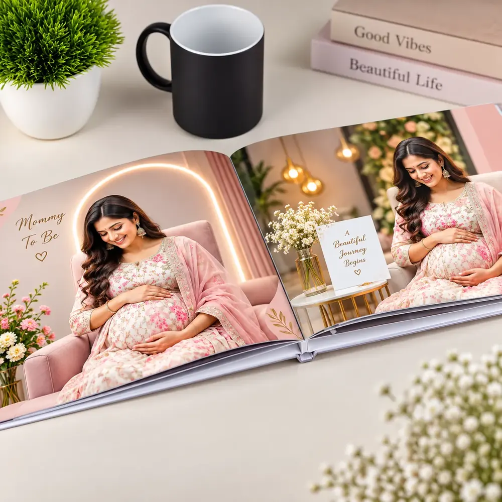 Maternity journey photobook open on a desk