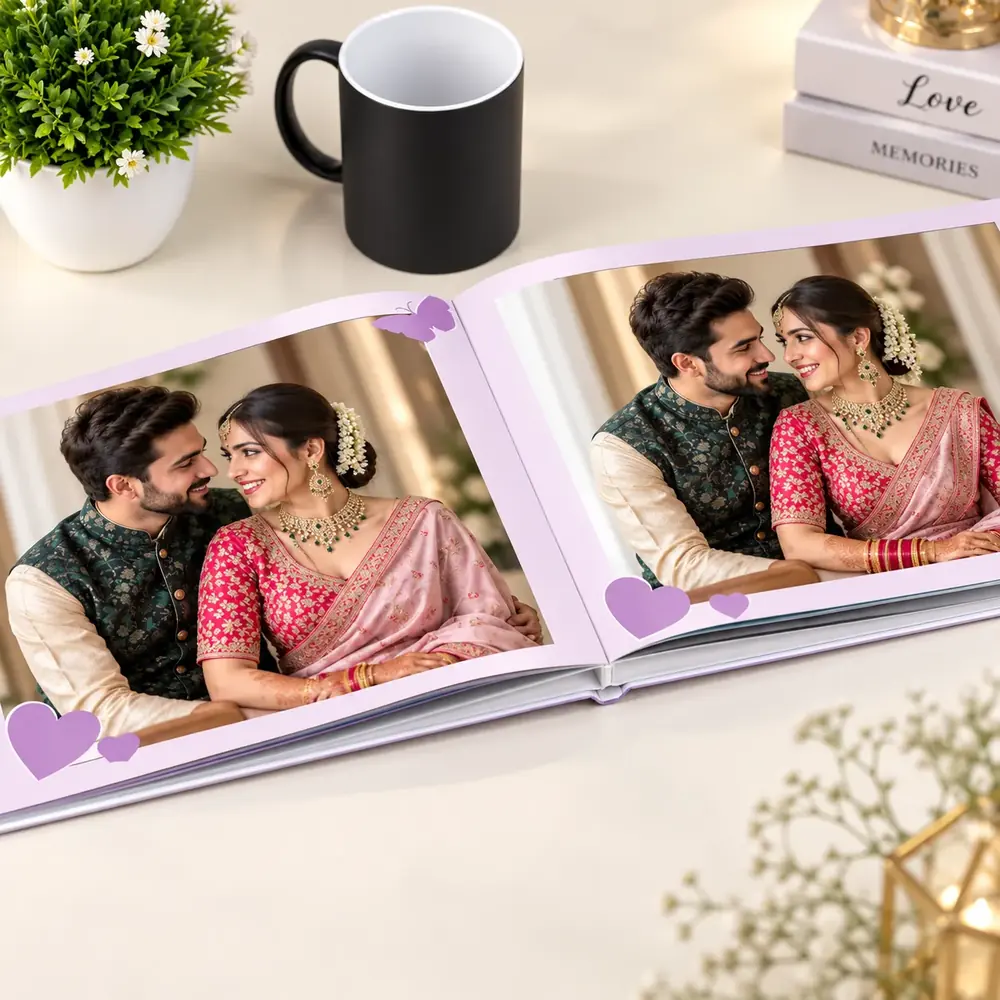 Soul mates photobook open on a desk with a mug