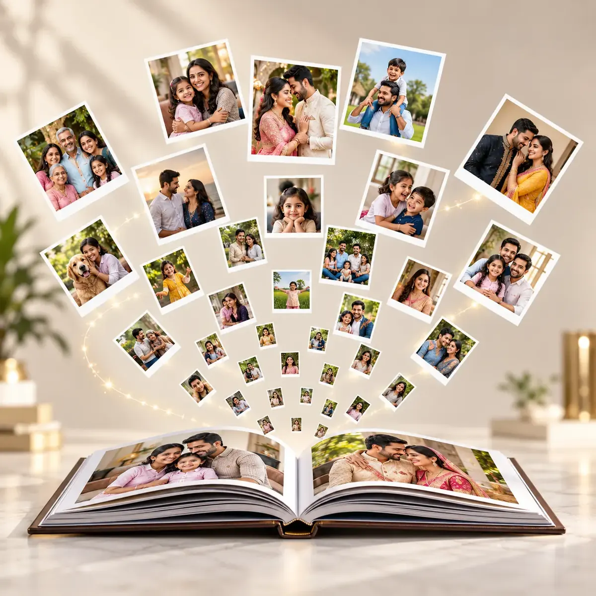 Photos fanning into an open album