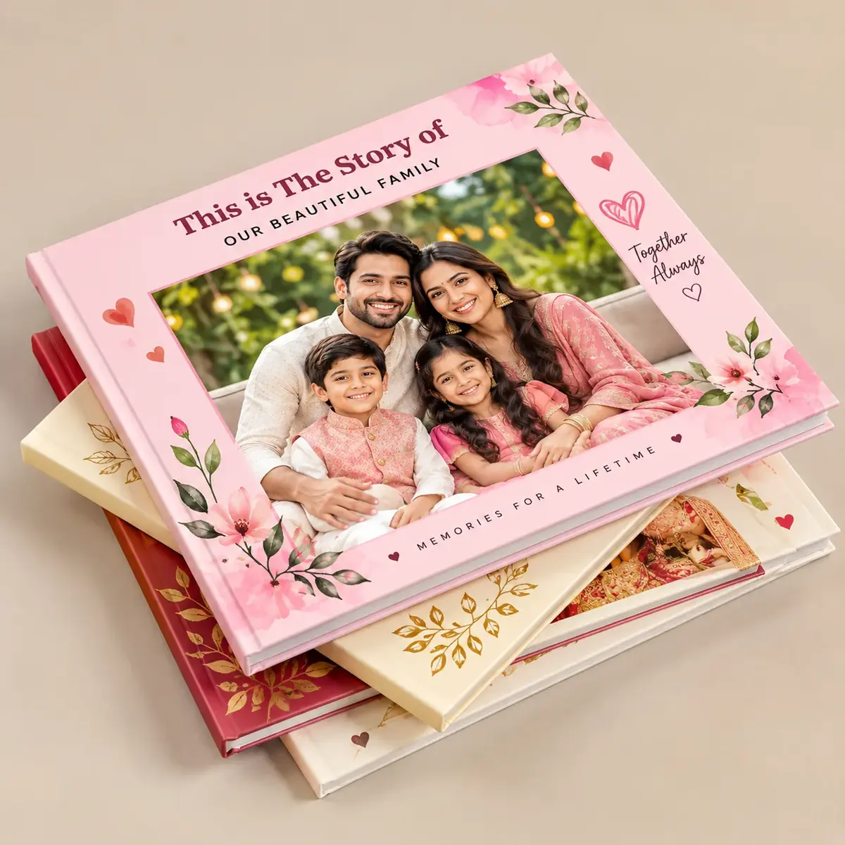 Stacked hardcover custom photobooks with a family portrait on the cover — Siri Print World, Palakollu