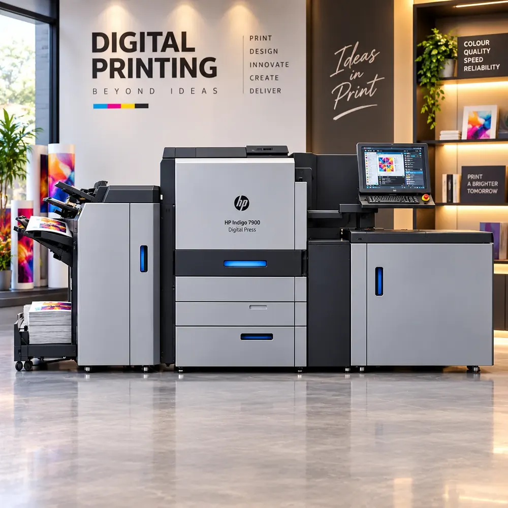 A production digital press on the floor of a print shop with colour banners behind it