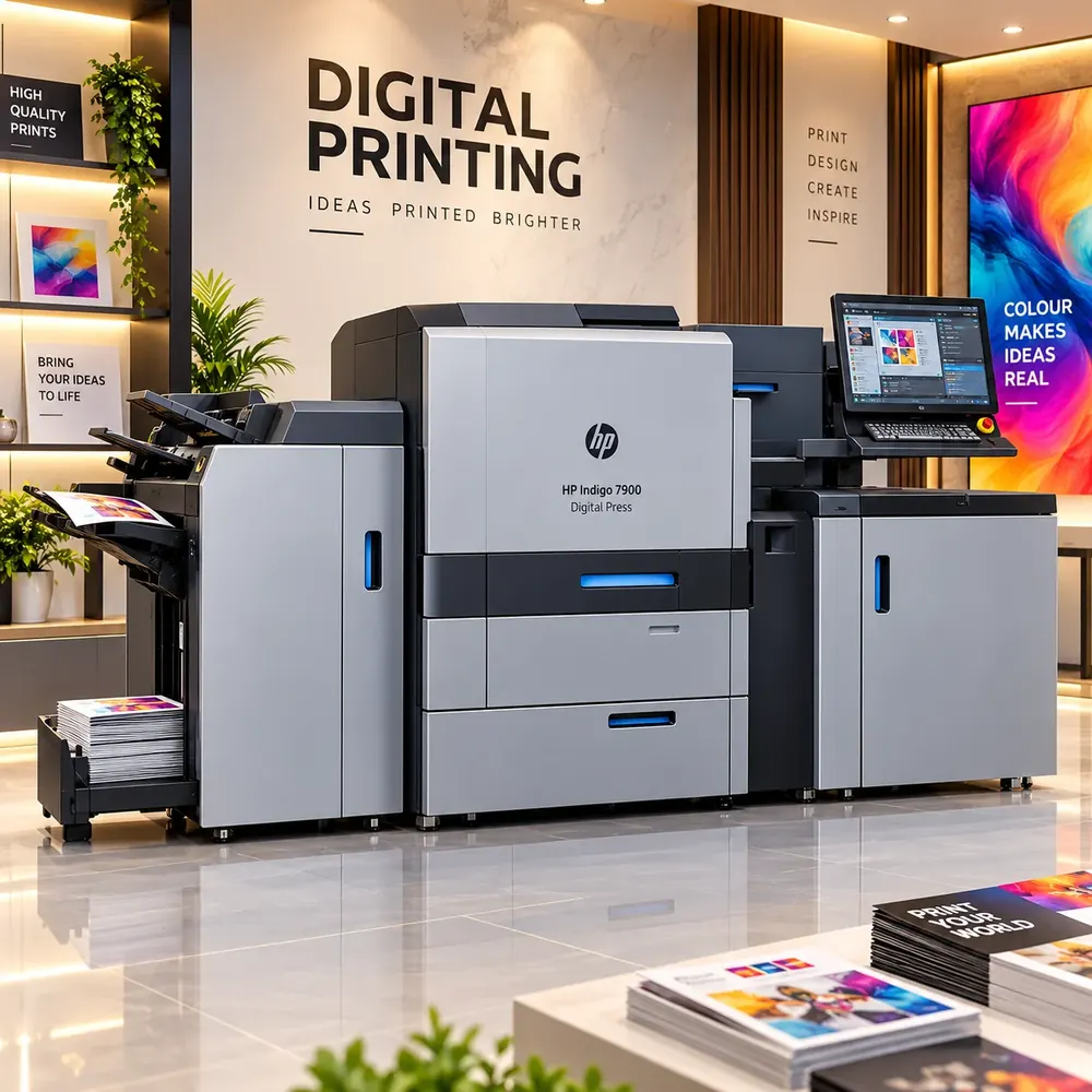 Digital printing at Siri Print World, Palakollu — a production digital press with a stack of full-colour prints in the output tray