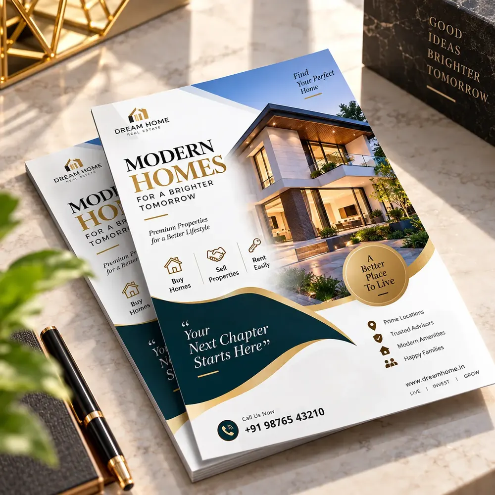 Full-colour A5 flyers printed at Siri Print World, Palakollu — a real-estate flyer with photo, offer badge and contact number