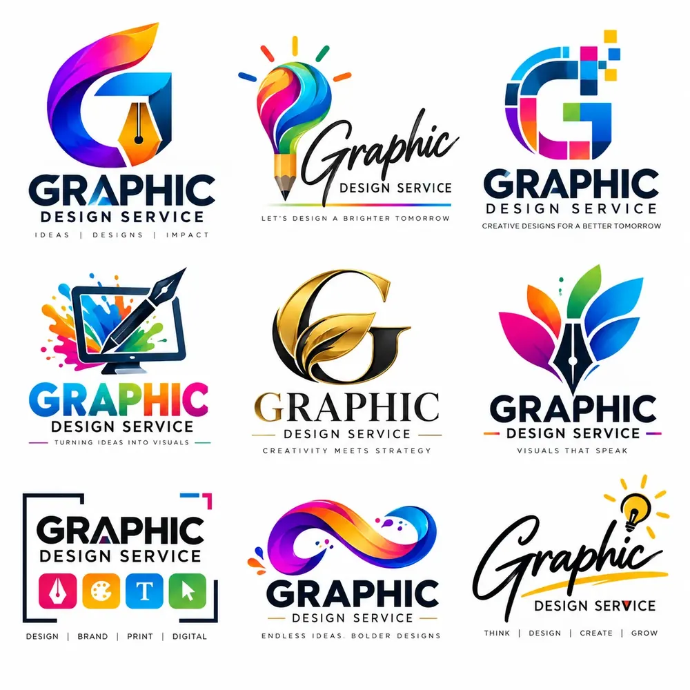 A sheet of nine logo design concepts in different styles