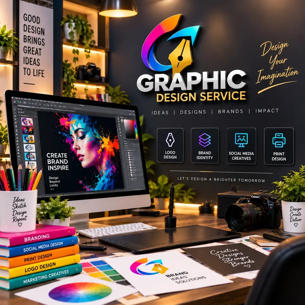 Graphic design at Siri Print World, Palakollu — a design desk with a monitor, drawing tablet, colour swatches and printed logo proofs