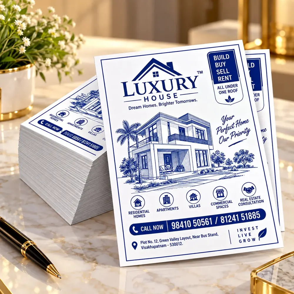 Single-colour blue pamphlets offset printed at Siri Print World, Palakollu — a real-estate handbill with line-art house and phone numbers