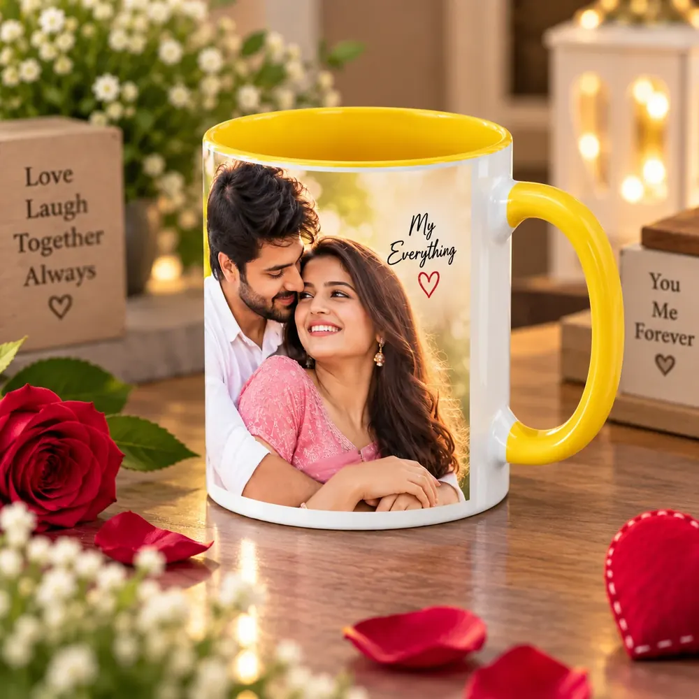 Photo mug with yellow handle and a couple’s portrait on a wooden table with rose petals