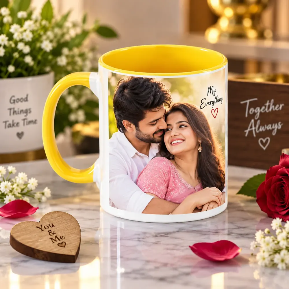 Photo mug printed at Siri Print World, Palakollu — yellow inner and handle with a couple’s photo and “My Everything” caption