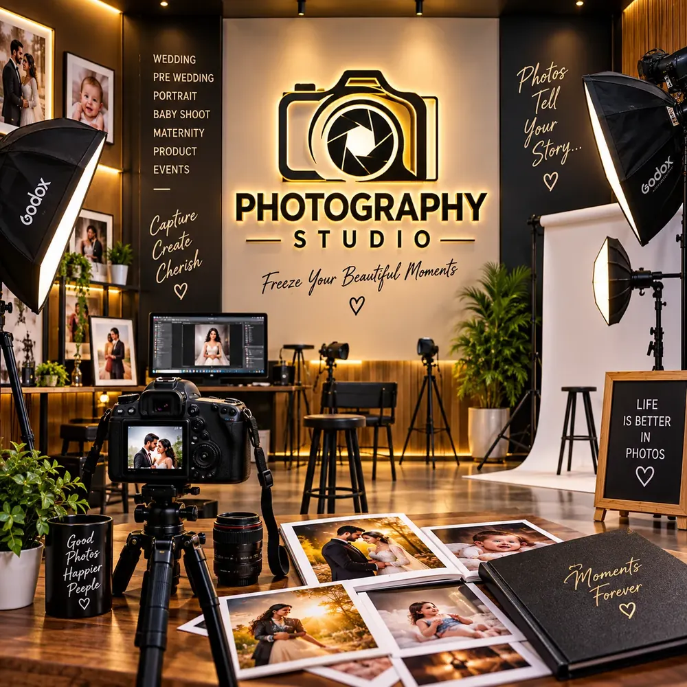Photography studio at Siri Print World, Palakollu — softbox lights, a DSLR on a tripod, a white backdrop and printed wedding and baby portraits on the desk