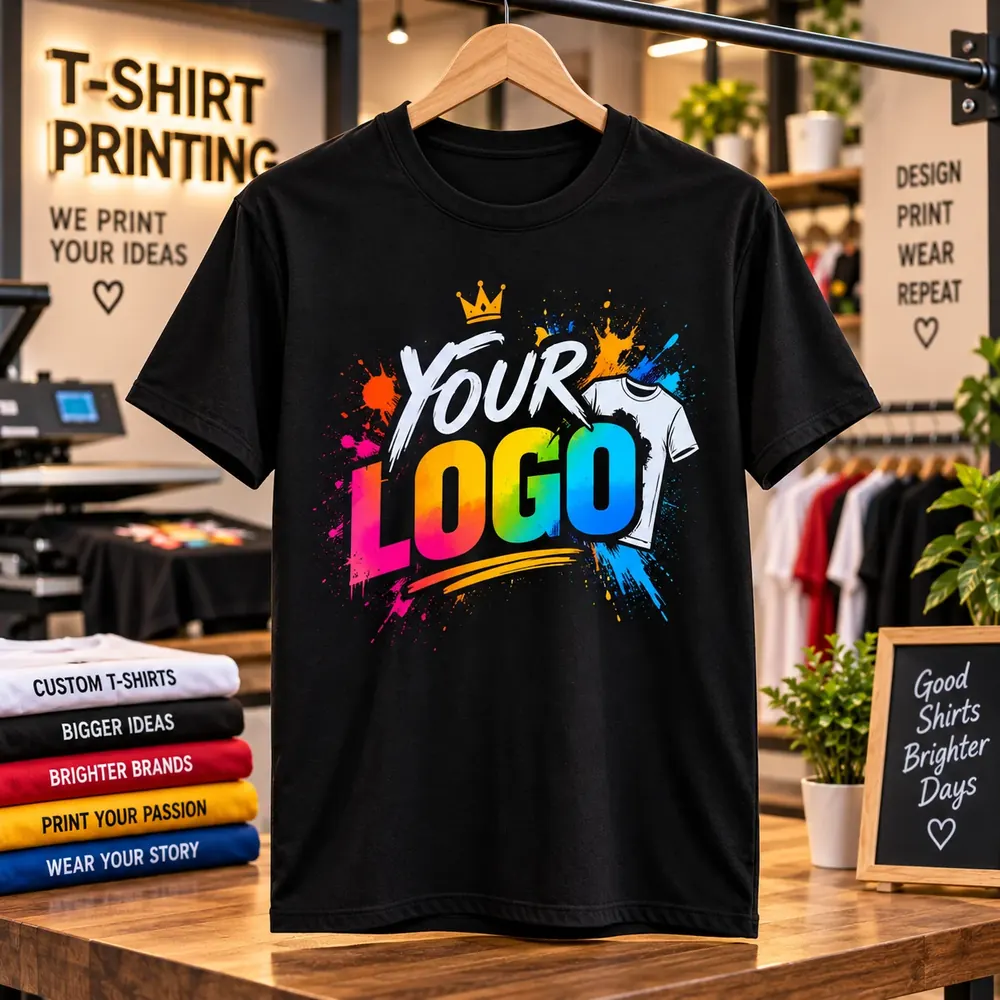 T-shirt printing at Siri Print World, Palakollu — a black cotton tee with a full-colour “Your Logo” print on a hanger, folded custom tees beside it