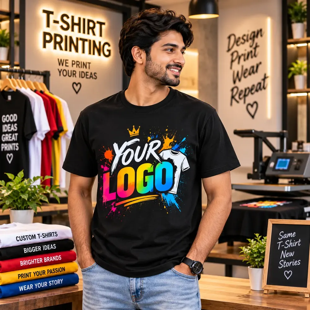 A man wearing the black “Your Logo” printed t-shirt in front of a heat press